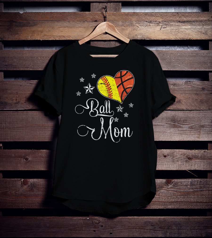 Proud Softball Basketball Ball Mom Star Heart T-Shirt