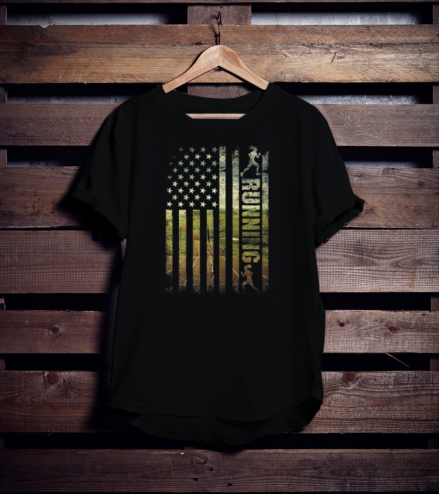 Running American Flag Patriotic Runner USA Track Stars T-Shirt