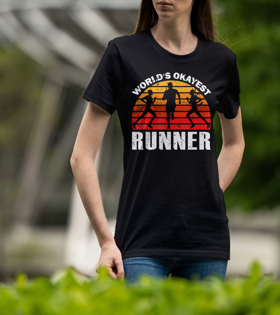 World's Okayest Runner Sunset Silhouette Sprinting Marathon T-Shirt