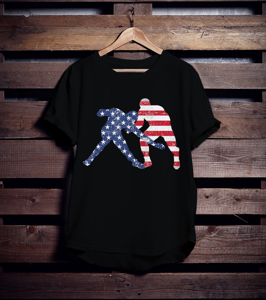 Wrestling Dual Silhouette With US Flag Stars And Stripes For Fourth Of July T-Shirt