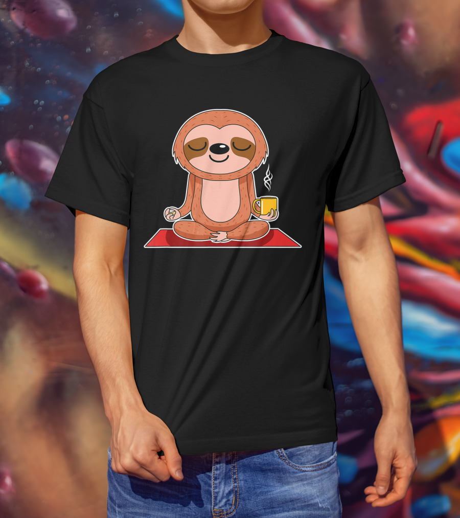 Yoga Sloth Funny Workout Fitness Casual Relaxing Meditation With Coffee T-Shirt