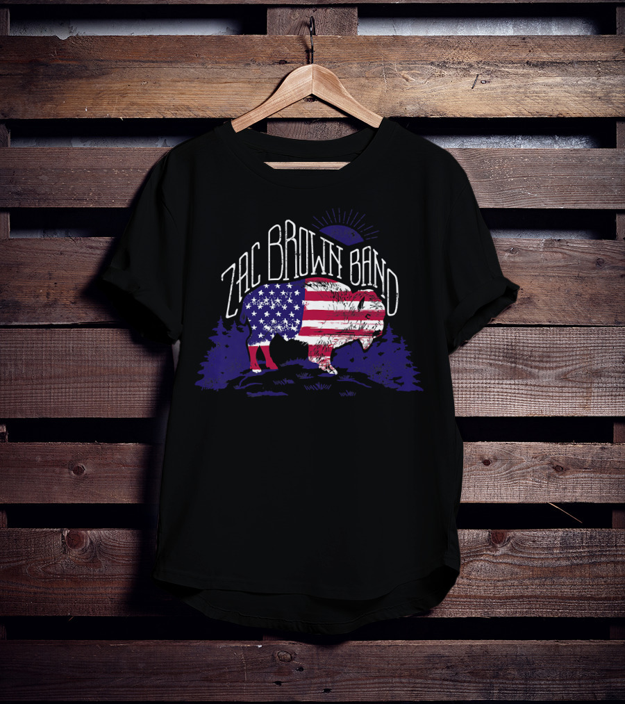 Zac Brown Band American Flag Buffalo With Night Sky And Forest T-Shirt