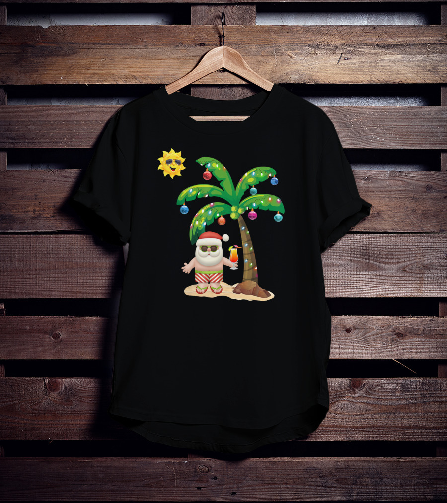 Summer Santa Claus Christmas Mele Tropical Palm Tree Festive Cocktail T-Shirt