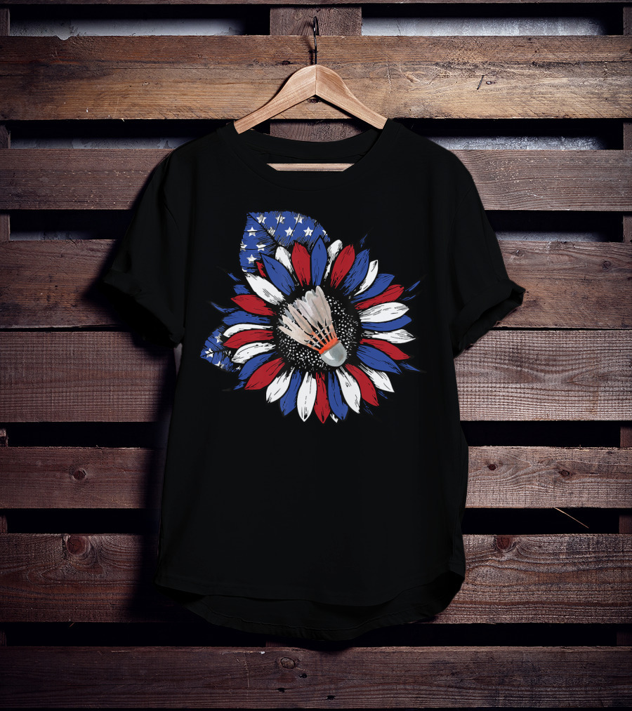 American Flag Sunflower With Badminton Birdie Center T-Shirt