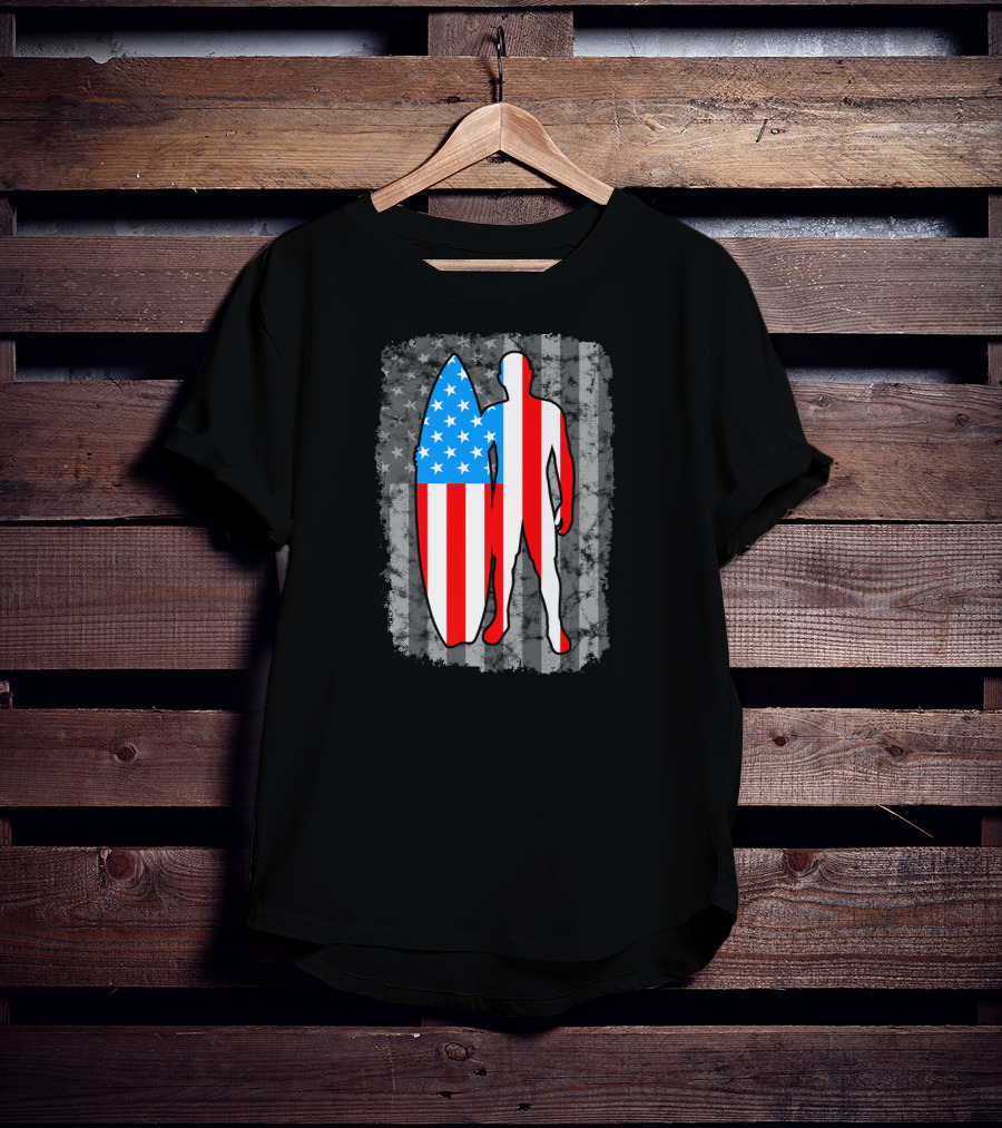 Vintage American Flag Surfing Silhouette United States T-Shirt