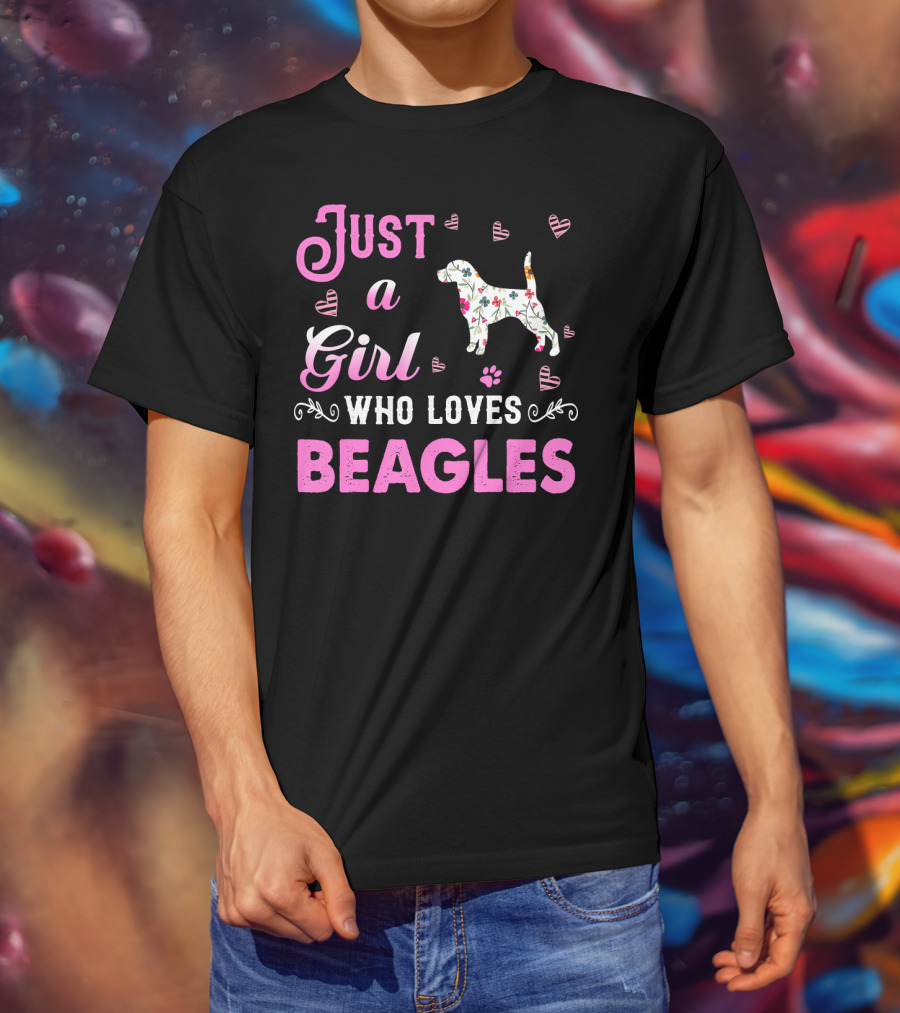 Just A Girl Who Loves Beagles With Floral Dog And Pink Hearts T-Shirt