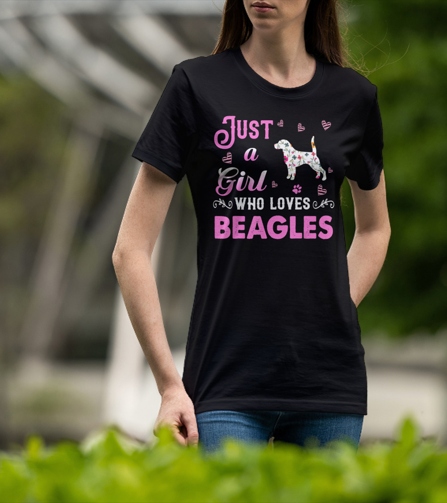 Just A Girl Who Loves Beagles With Floral Dog And Pink Hearts T-Shirt