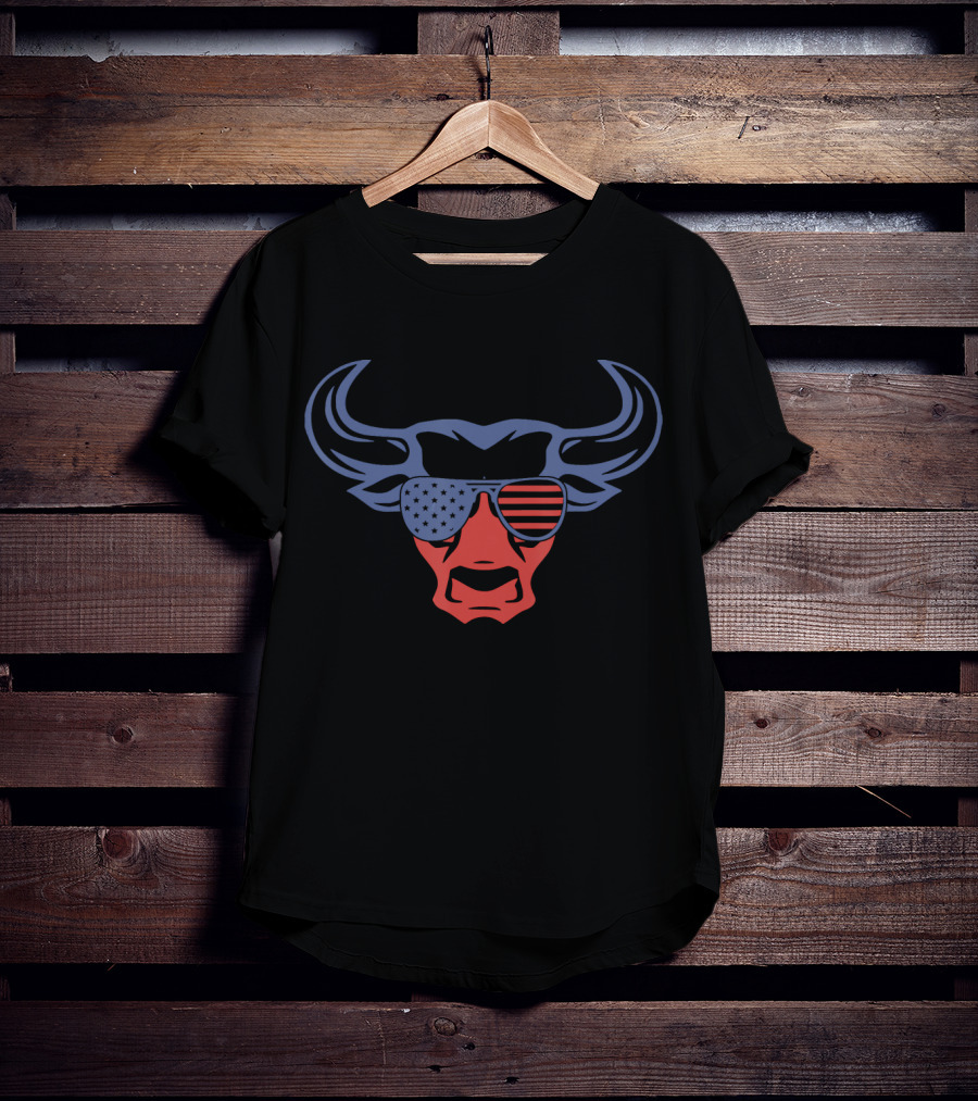 Patriotic American Rodeo Bull With Stars And Stripes Sunglasses T-Shirt