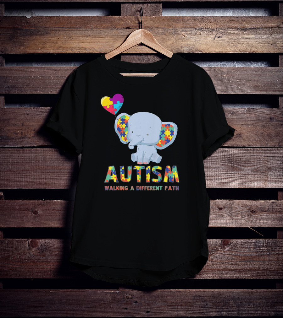 Autism Puzzle Piece Elephant Walking A Different Path T-Shirt