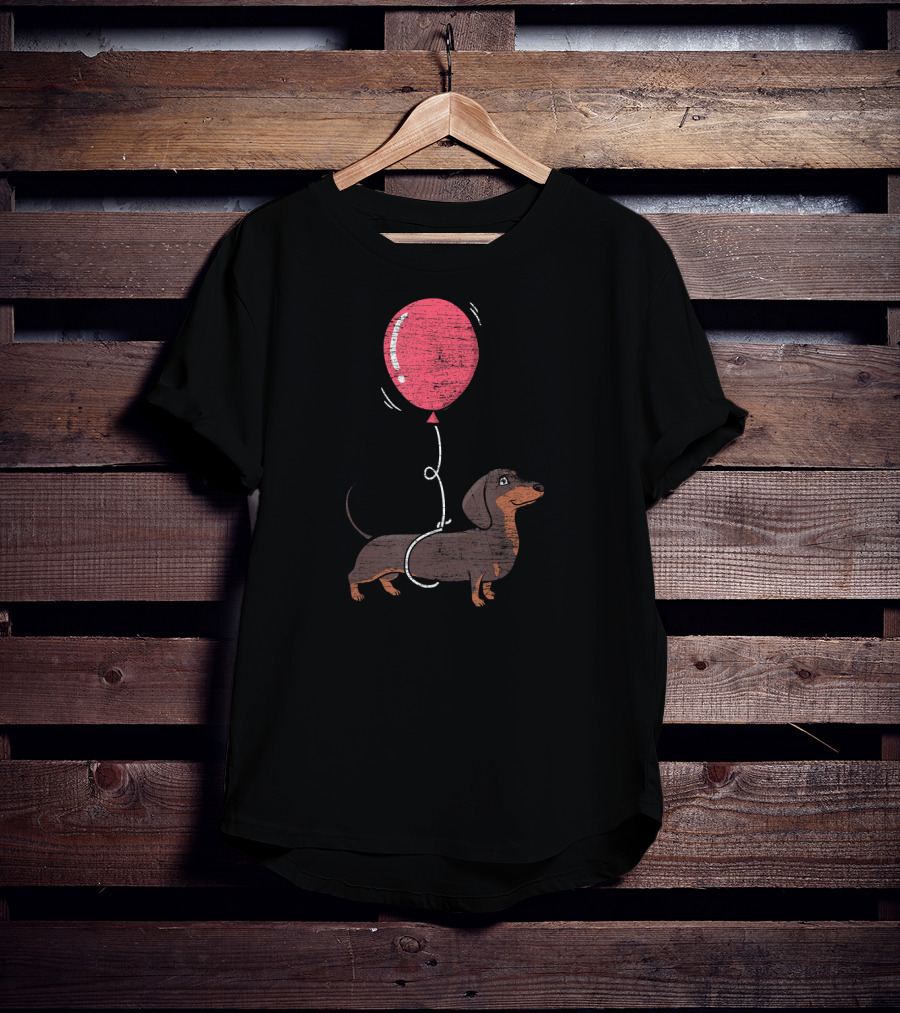 Balloon Dachshund Sketch With Red Balloon And Brown Dog Balloon Dachshund T-Shirt