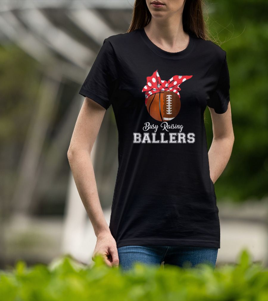 Basketball Football Busy Raising Ballers Polka Dot Bandana Typography T-Shirt