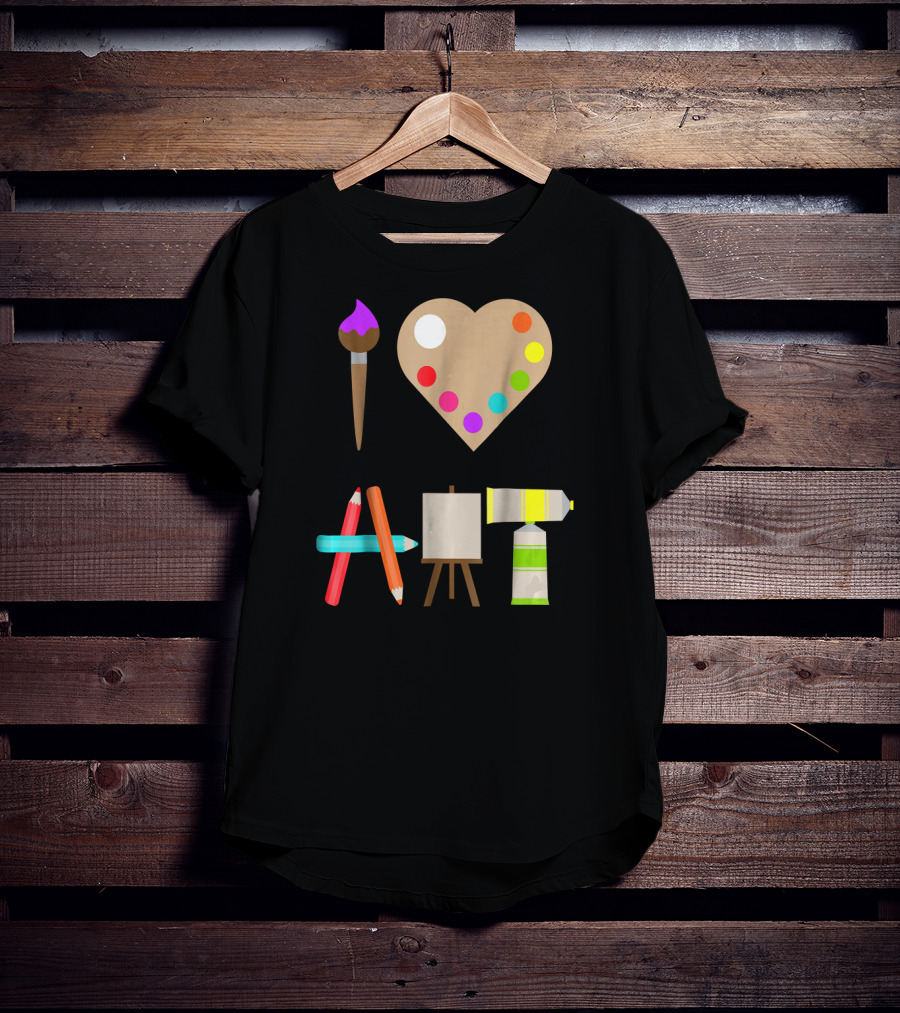 I Love Art Fun Colorful Future Artist Heart Palette Paintbrush Pencils Easel Tube T-Shirt