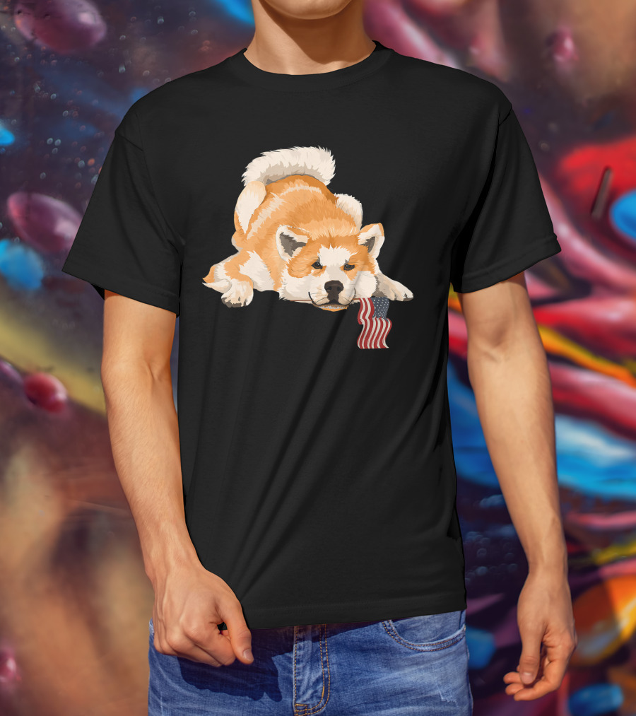 Akita Dog Lover With American Flag Motif T-Shirt
