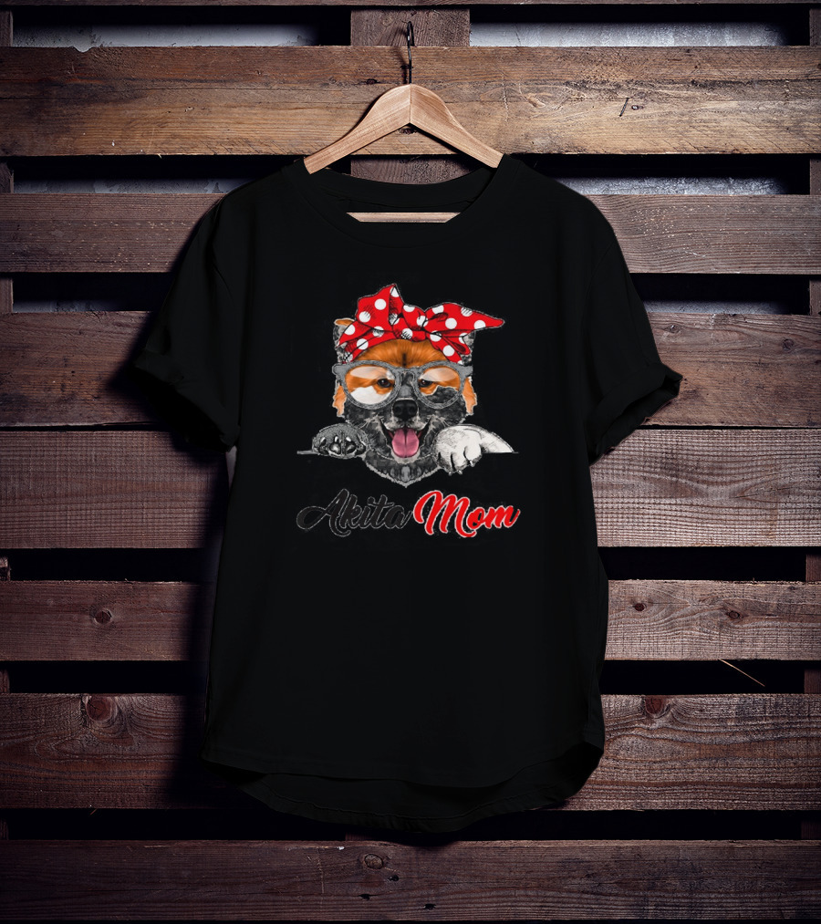 Akita Mom Funny Dog With Red Polka Dot Bow And Glasses T-Shirt
