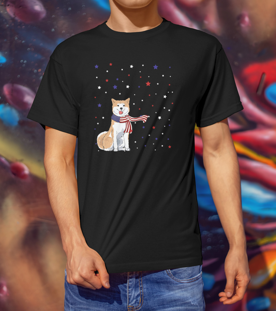 Akita Inu Patriotic American Flag Scarf Stars T-Shirt
