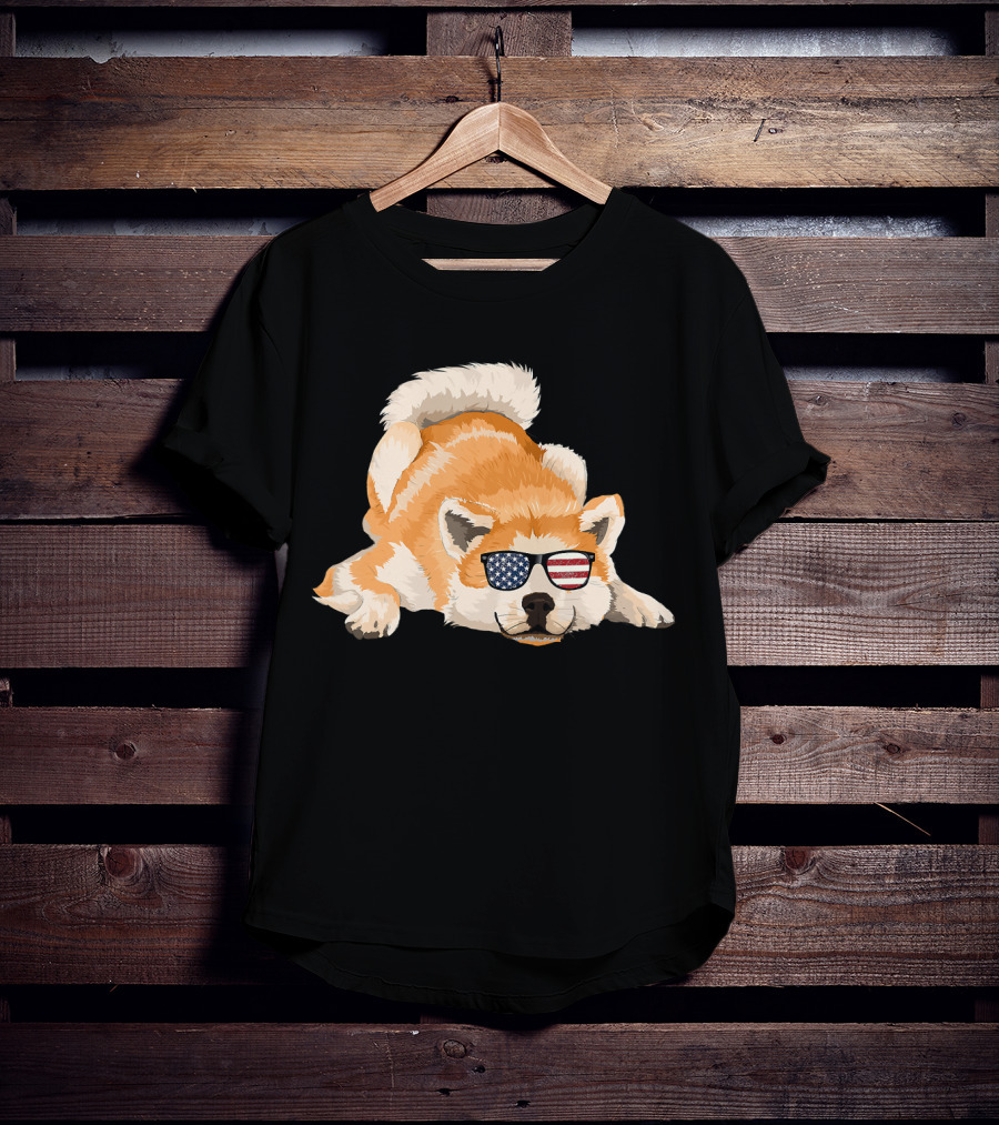 Akita Inu Wearing American Flag Sunglasses Playful Pose T-Shirt