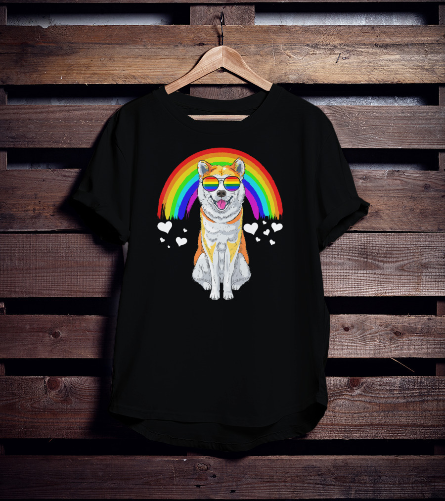 Akita Inu Rainbow Pride Sunglasses Hearts T-Shirt