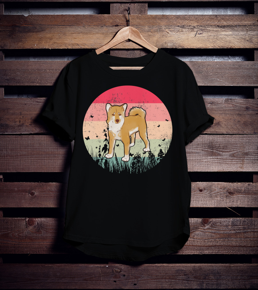 Akita Inu Vintage Retro Akit Circle Silhouette With Stripes And Butterflies T-Shirt
