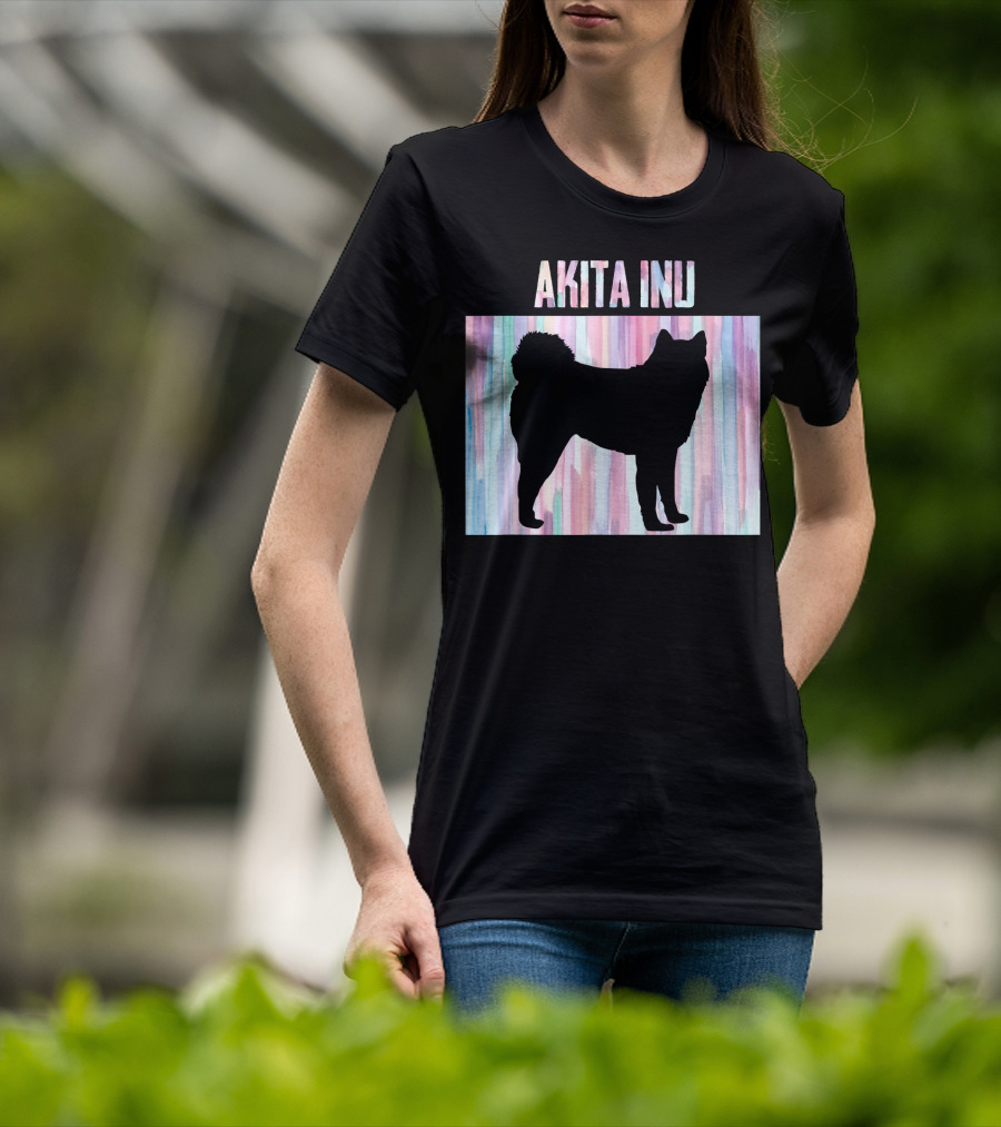 AKITA INU Silhouette On Pastel Watercolor Stripes T-Shirt