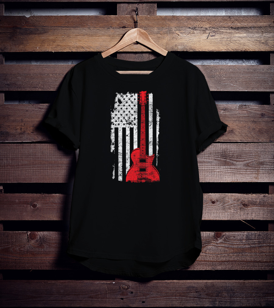 Red Guitar American Flag USA Music T-Shirt