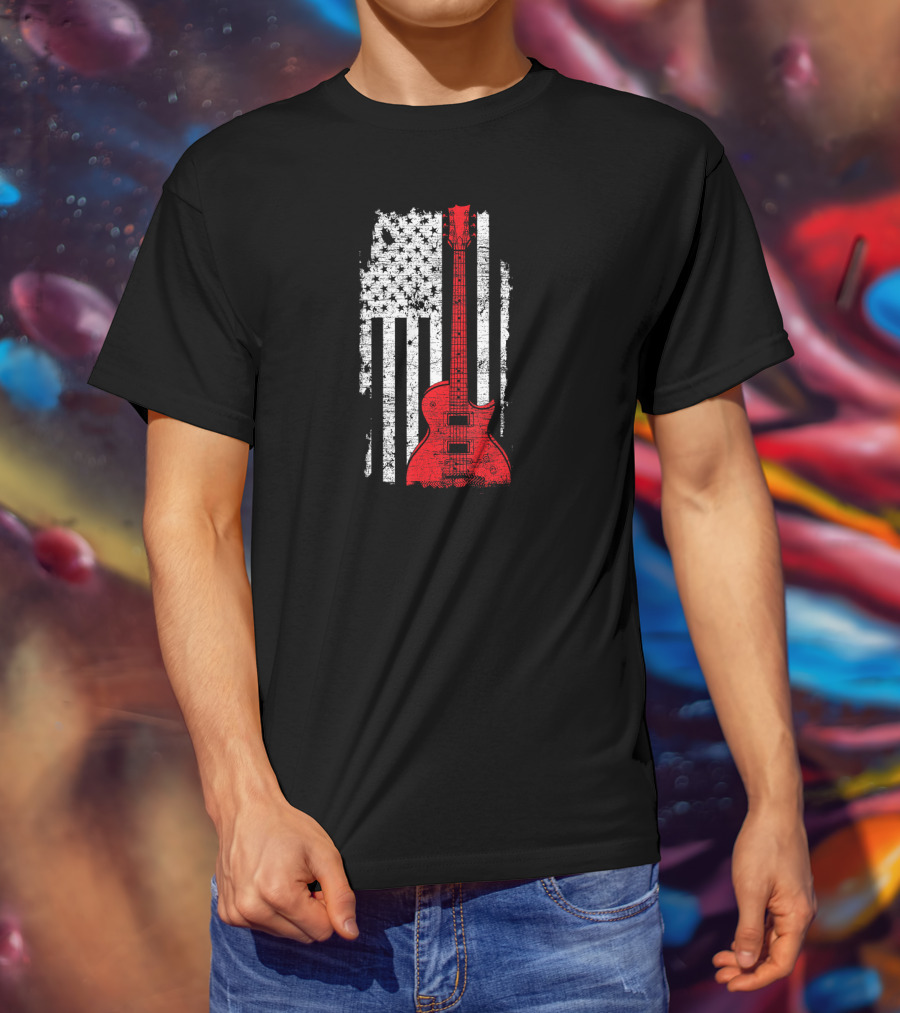 Red Guitar American Flag USA Music T-Shirt