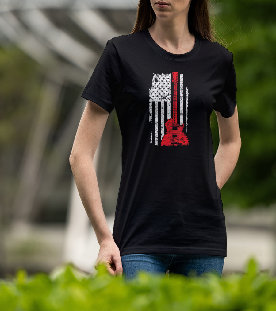Red Guitar American Flag USA Music T-Shirt