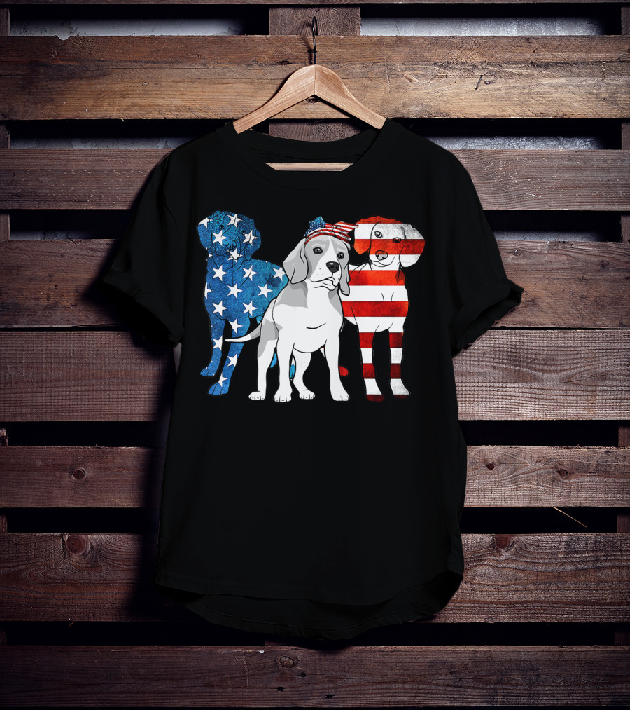 American Beagle Trio With Patriotic Stars And Stripes US Flag Motif T-Shirt