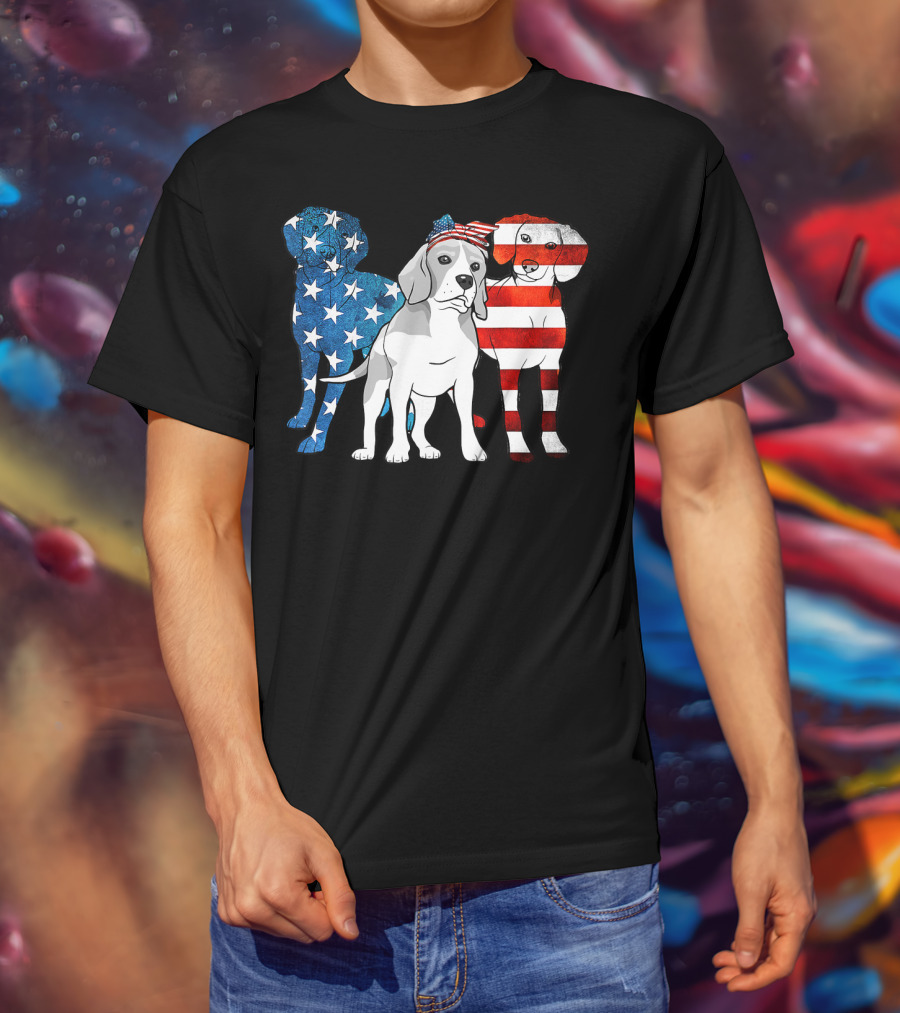 American Beagle Trio With Patriotic Stars And Stripes US Flag Motif T-Shirt