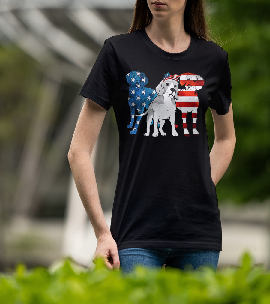 American Beagle Trio With Patriotic Stars And Stripes US Flag Motif T-Shirt