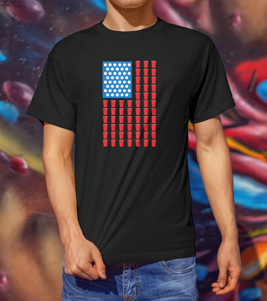 American Flag Beer Pong Red Cup Pattern Patriotic Party T-Shirt