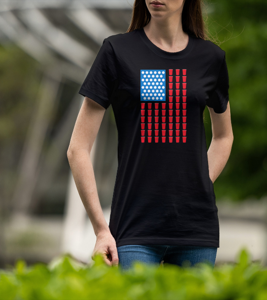 American Flag Beer Pong Red Cup Pattern Patriotic Party T-Shirt