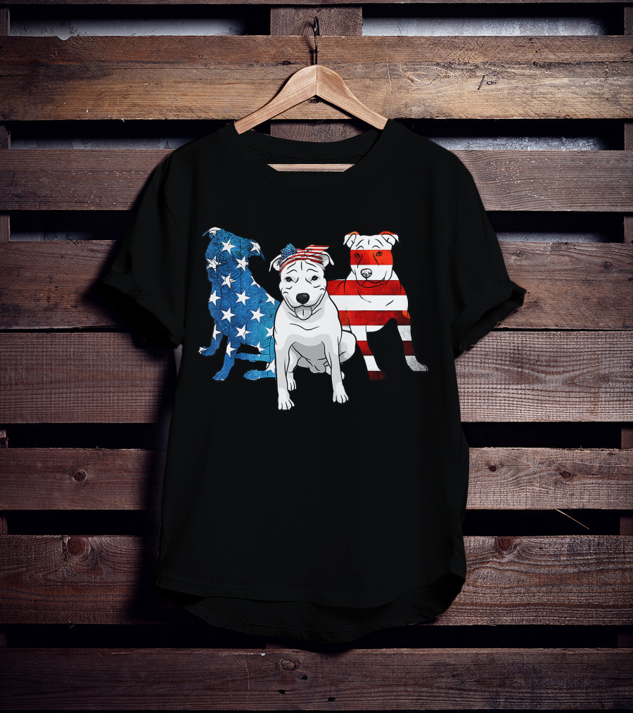 American Pitbull Trio With US Flag T-Shirt