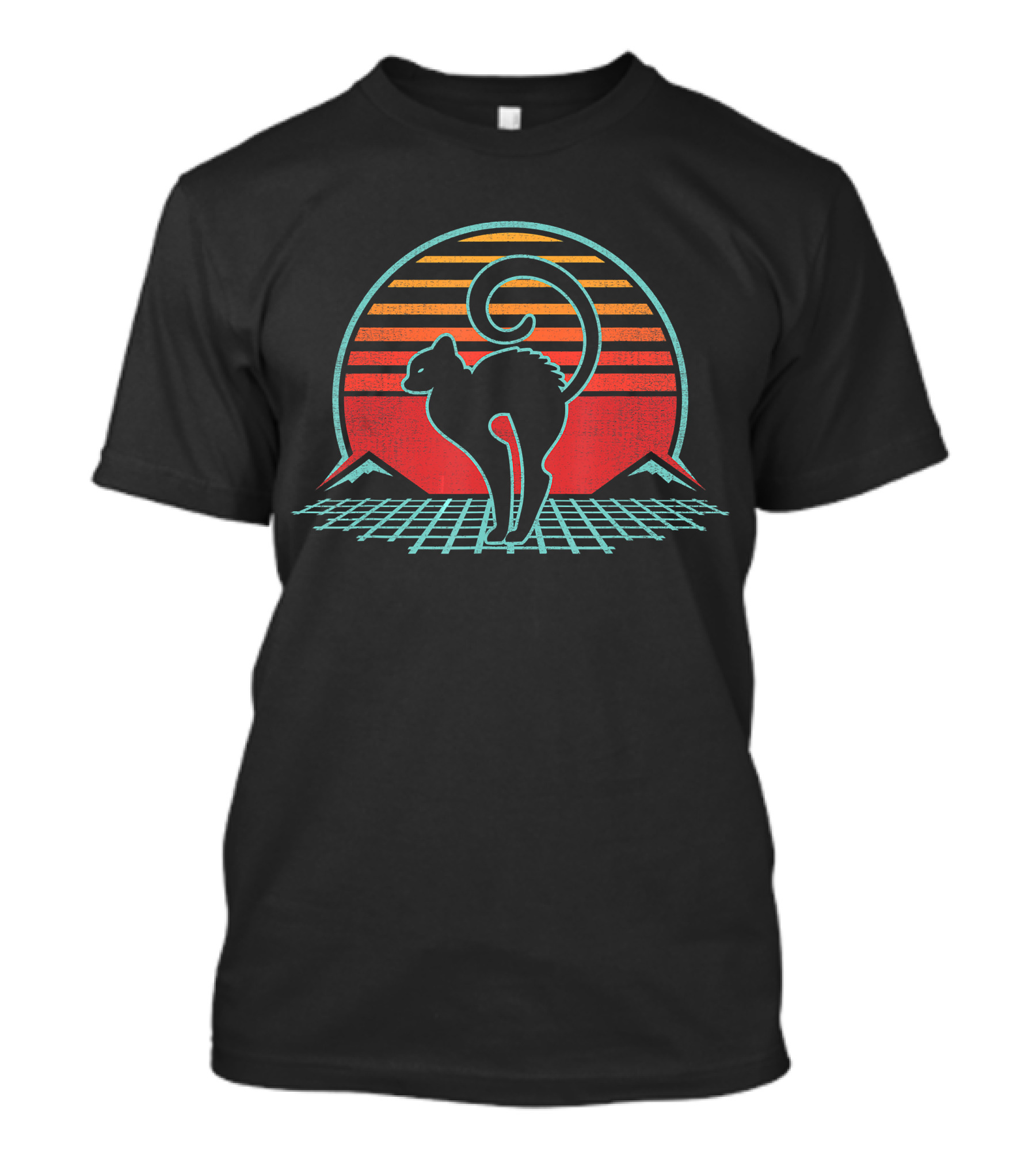 Angry Hissing Cat Retro Vintage 80s Sunset Grid T-Shirt