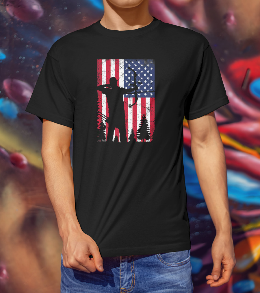 American Archery Bow Hunting Bow Hunter Silhouette USA Flag Background T-Shirt