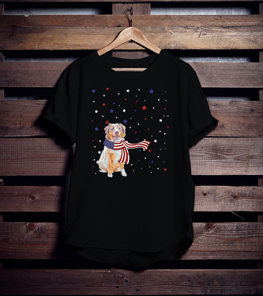 Australian Shepherd Dog With American Flag Scarf Surrounded By Stars T-Shirt