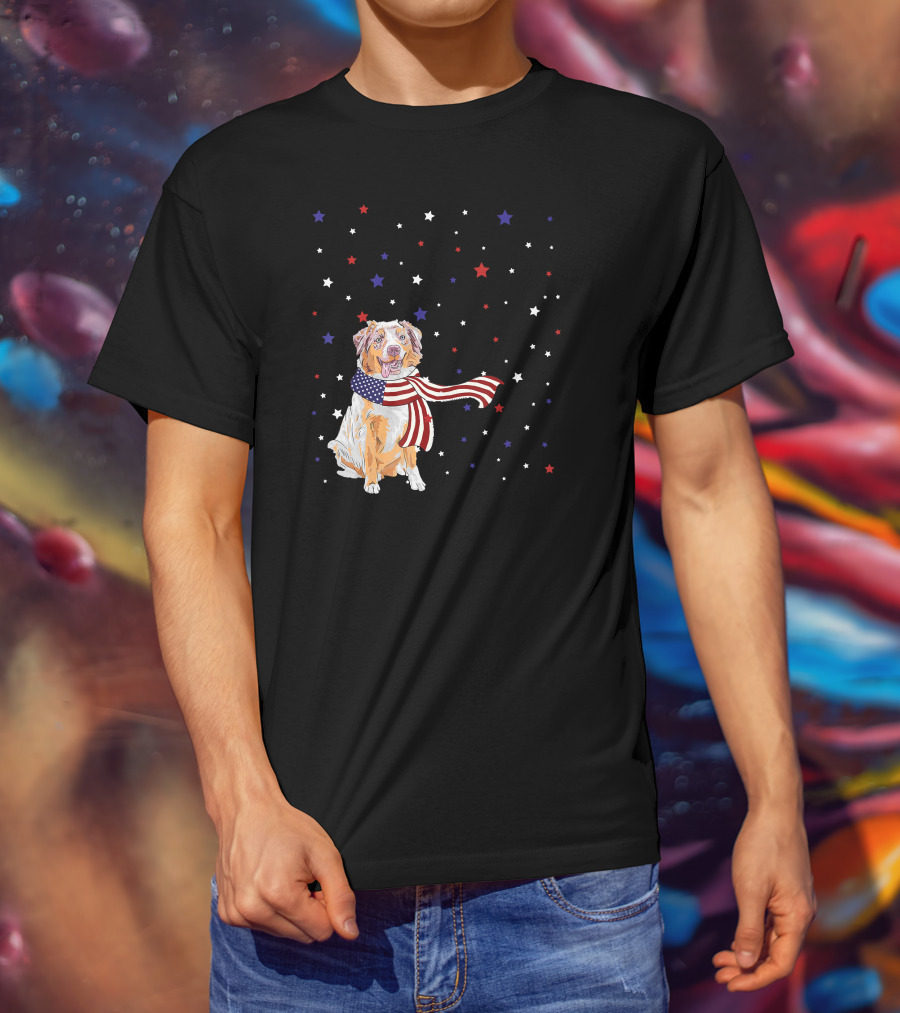 Australian Shepherd Dog With American Flag Scarf Surrounded By Stars T-Shirt