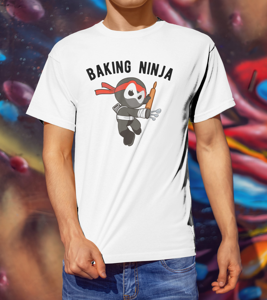Baking Ninja Funny Ninjutsu Rolling Pin Warrior With Spoons And Red Headband T-Shirt