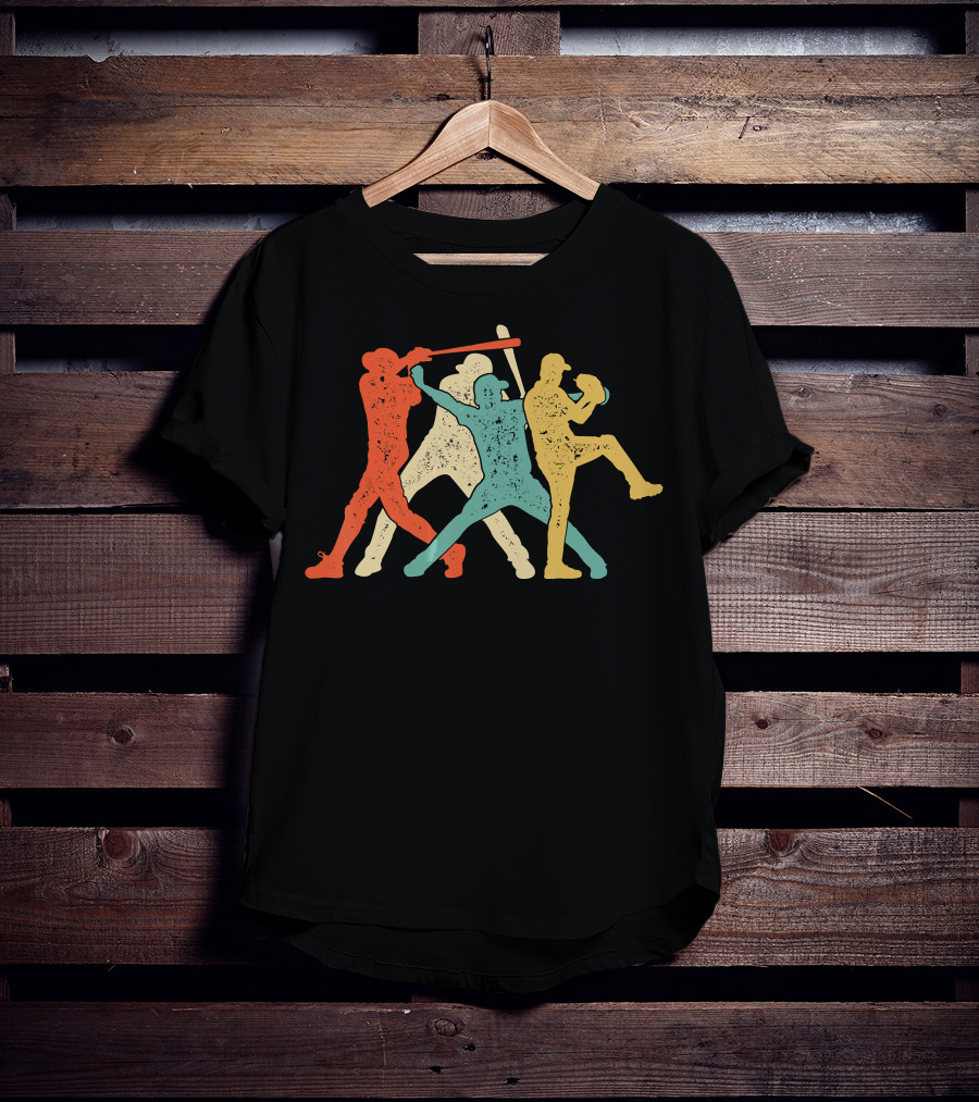 Baseball Retro Vintage Catch Player Silhouettes Batter Pitcher Action Runners T-Shirt