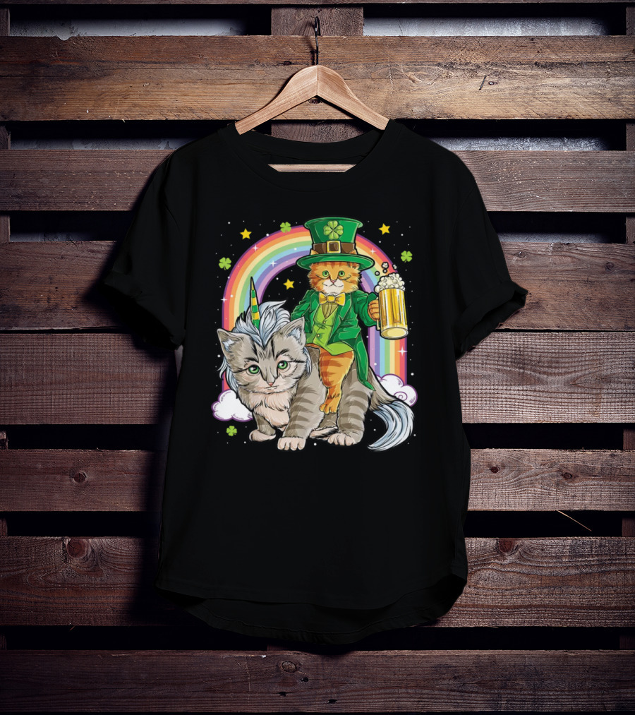 St. Patrick's Day Cat Riding Unicorn With Rainbow And Beer T-Shirt