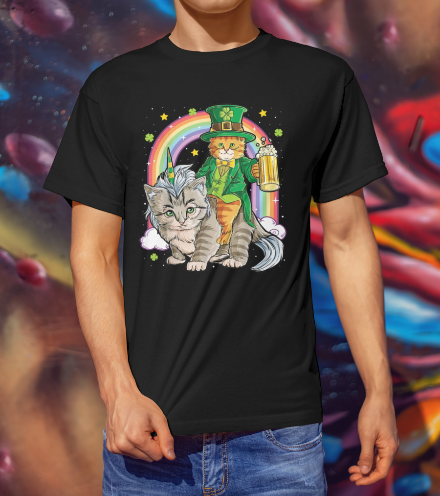 St. Patrick's Day Cat Riding Unicorn With Rainbow And Beer T-Shirt