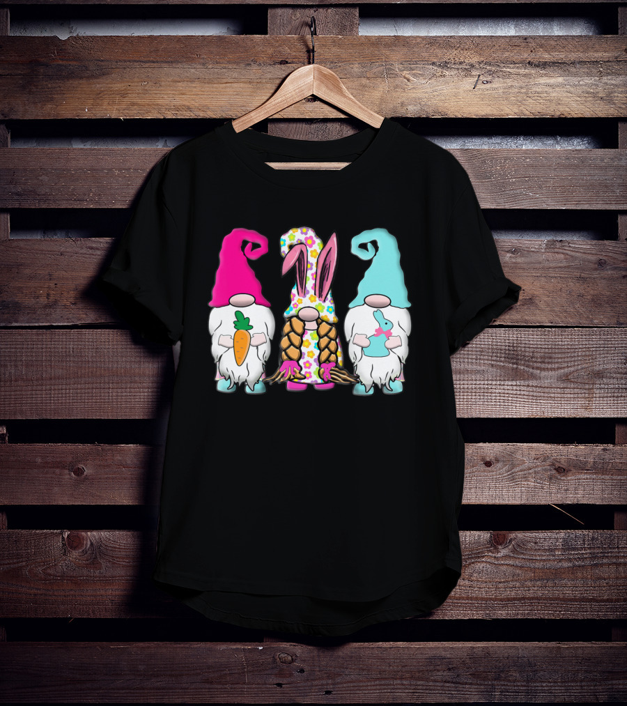 3 Easter Gnomes Pastel Spring Bunny Ears Rabbit Carrot Floral T-Shirt