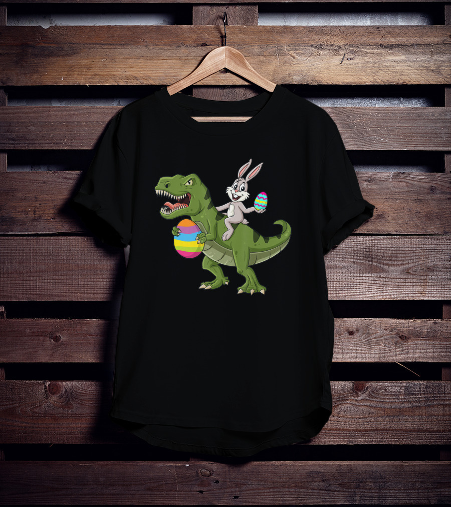 Rabbit Riding T-Rex With Colorful Easter Eggs T-Shirt