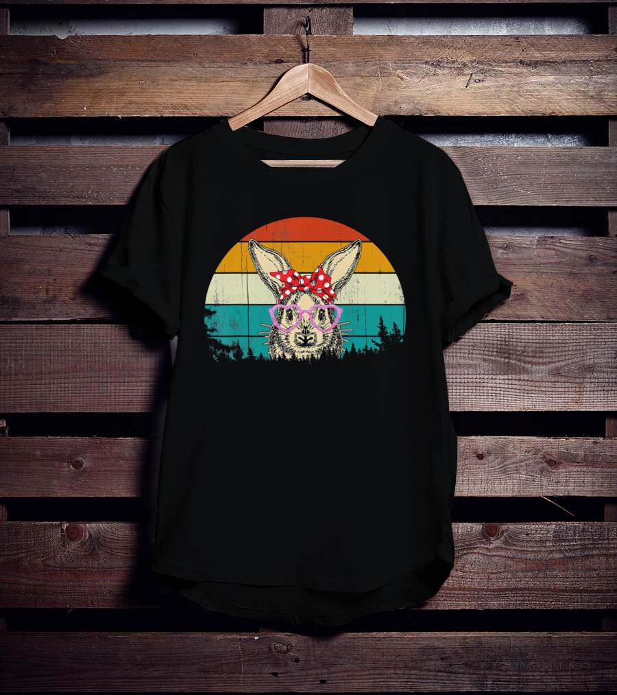 Vintage Bunny Rabbit Pink Glasses Hipster Easter Retro Sunset Bow Tie T-Shirt