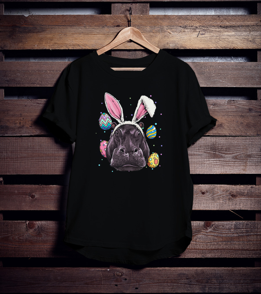 Easter Bunny Hippo With Colorful Eggs And Bunny Ears Fun T-Shirt