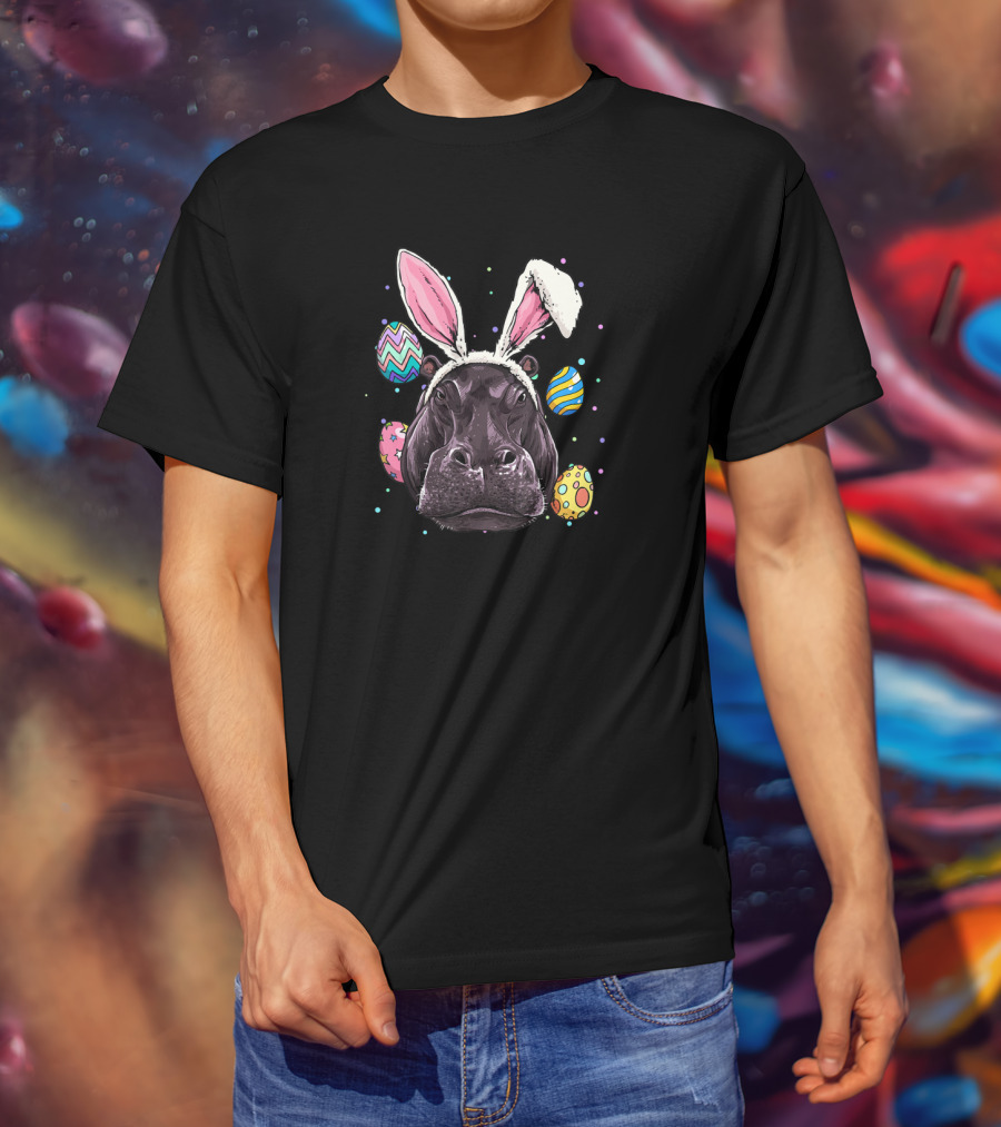 Easter Bunny Hippo With Colorful Eggs And Bunny Ears Fun T-Shirt