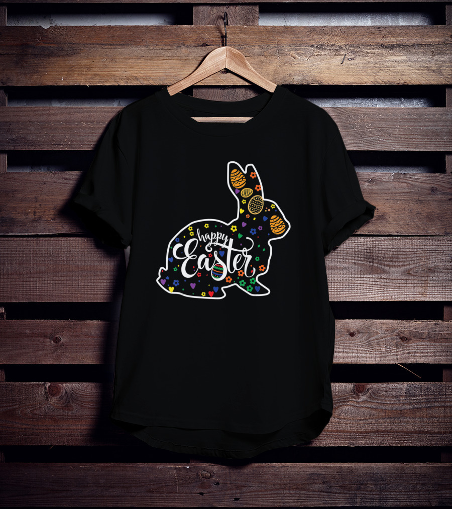 Happy Easter Bunny Rabbit Colorful Eggs And Hearts T-Shirt