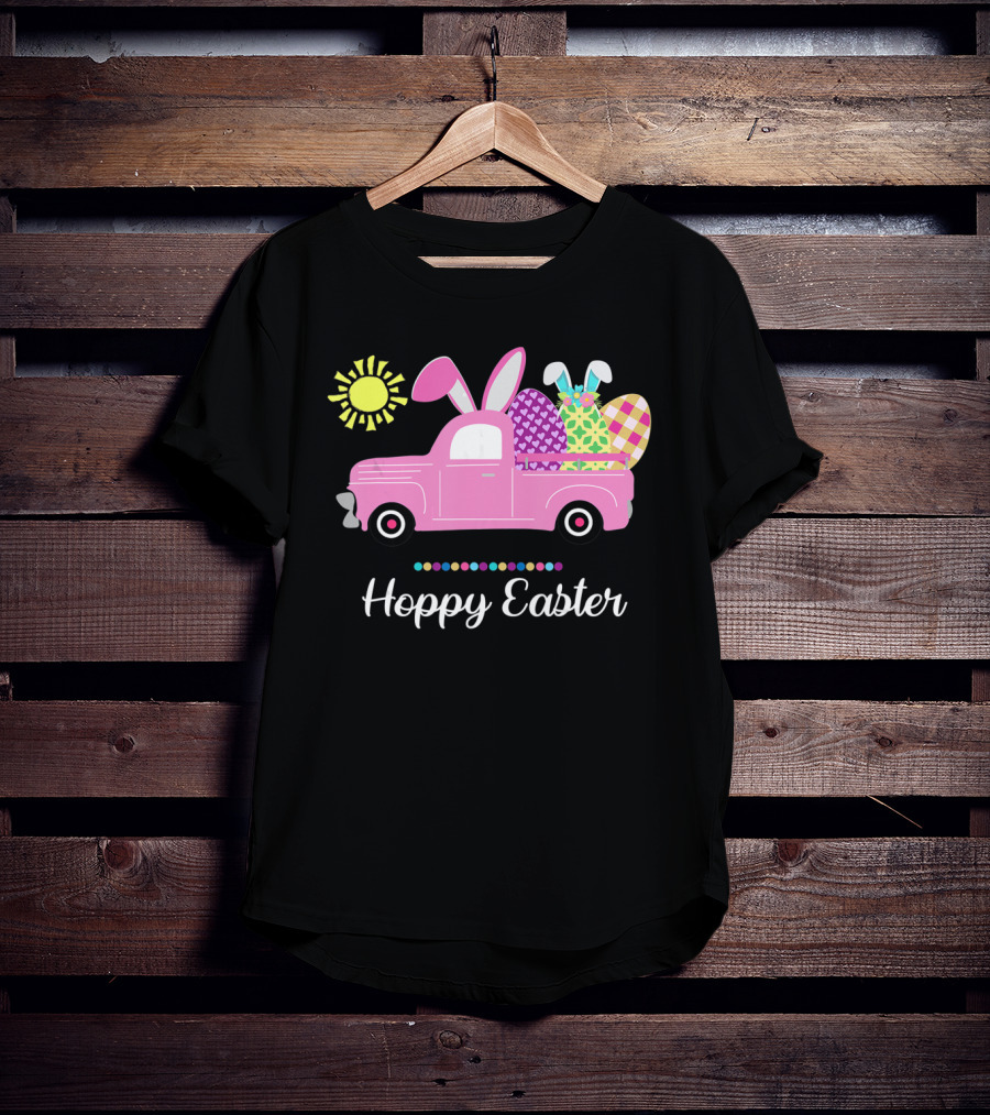 Hoppy Easter Bunny Truck With Eggs And Sun Spring Pun T-Shirt