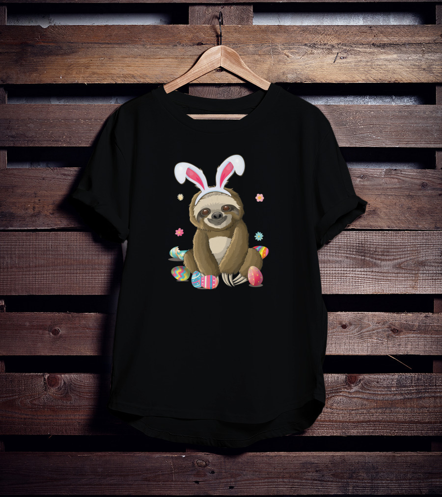 Sloth Bunny Easter Day Egg Hunt With Flowers T-Shirt