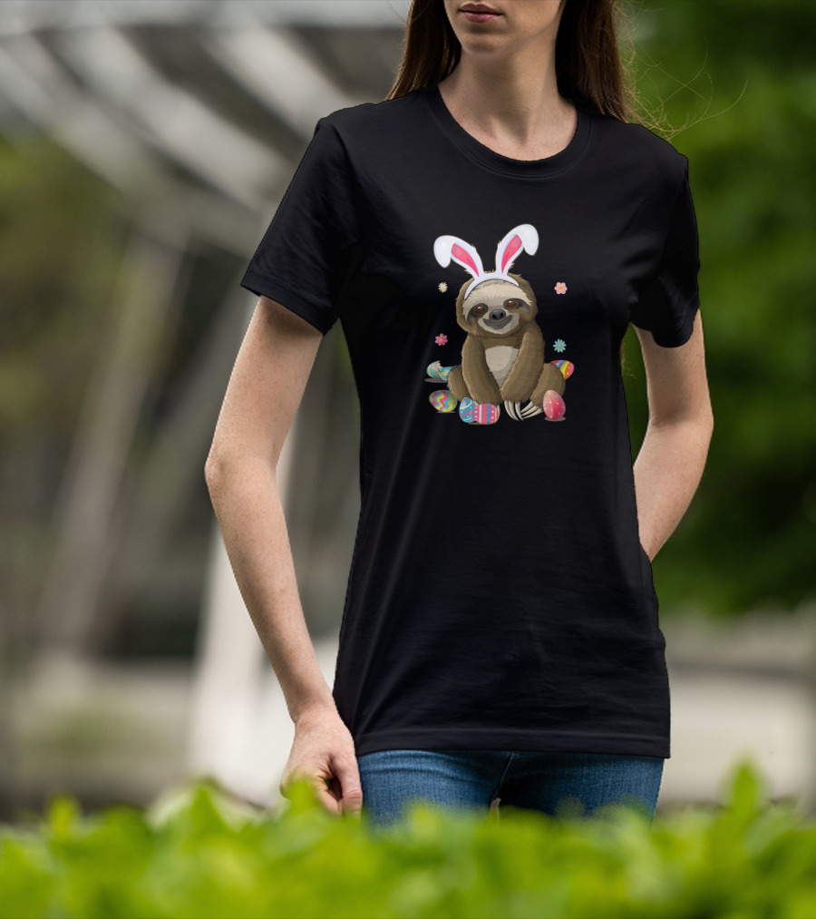 Sloth Bunny Easter Day Egg Hunt With Flowers T-Shirt