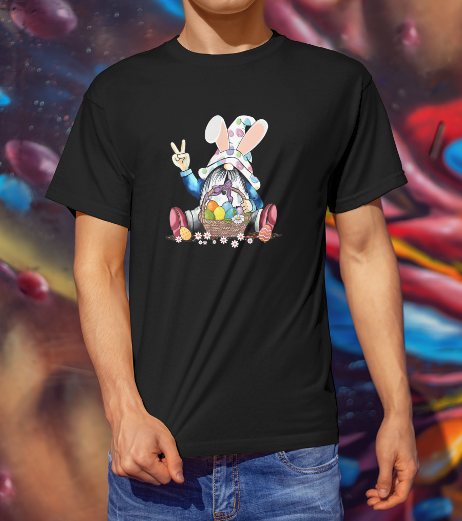 Gnome Easter Hippie Peace Sign Egg Basket Rabbit Hat T-Shirt